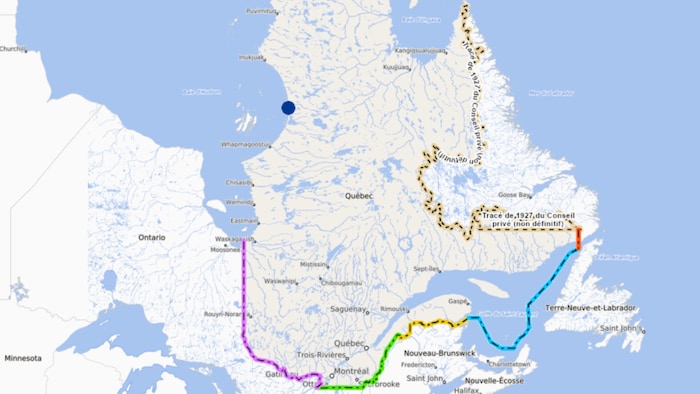 Une carte du Québec, des provinces et des États américains avoisinants, avec des lignes de couleur pour attirer le regard sur les frontières.