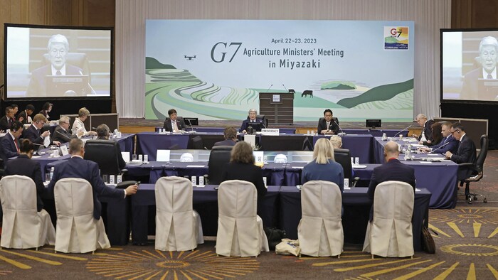 Les ministres de l'Agriculture du G7 autour d'une table de conférence.