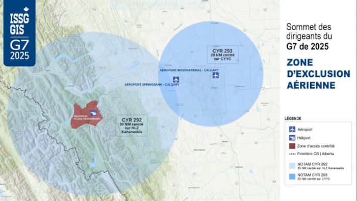 Carte indiquant le rayon où les avions commerciaux seront interdit d'accès où encore le traffic sera restreint au mininum. 