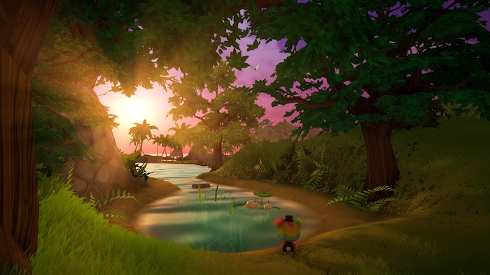 An animal contemplates a garden and a water area in a video game.