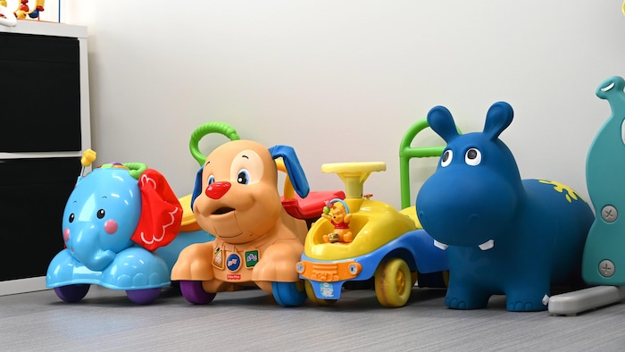 Des jouets qui représentent un éléphant, un chien, un hippopotame et une petite voiture sont alignés contre un mur décoré des mots « zone blocs ».