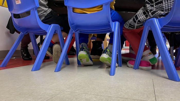 Les pieds d'enfants assis sur des chaises dans une garderie.