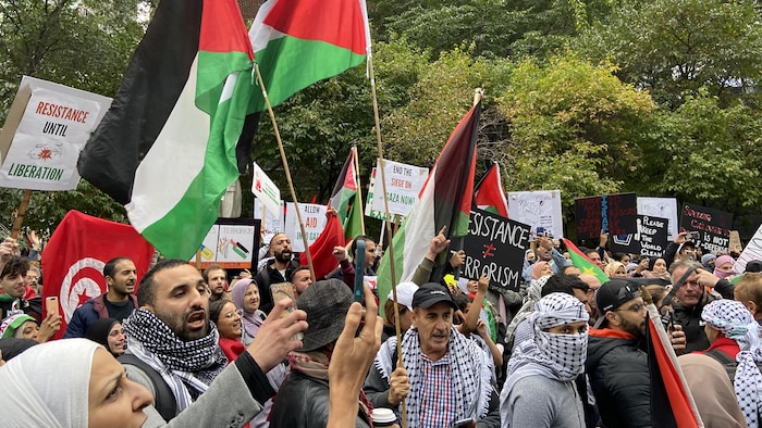 أشخاص يحملون أعلاما فلسطينية ولافتات.