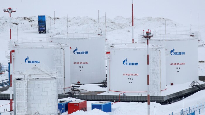 Des bassins de l'entreprise Gazprom, dans la neige. 