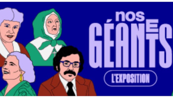 Des personnalités sont représentées sur une affiche qui indique le titre de l'exposition «Nos Géants». 