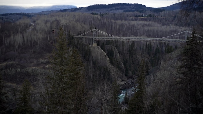 Un pont suspendu au-dessus d'un profond canyon. 