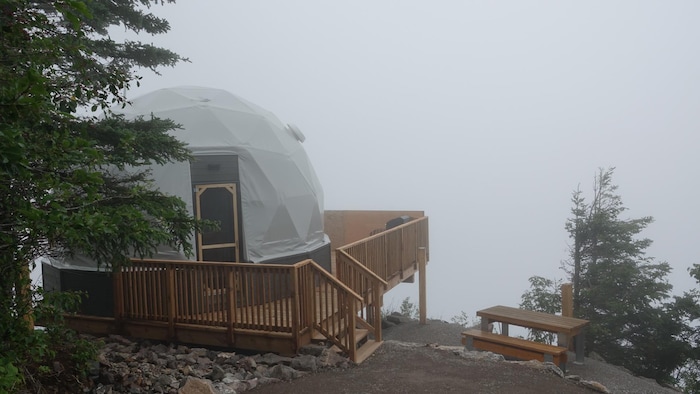 Un géodôme dans un décor de brouillard.