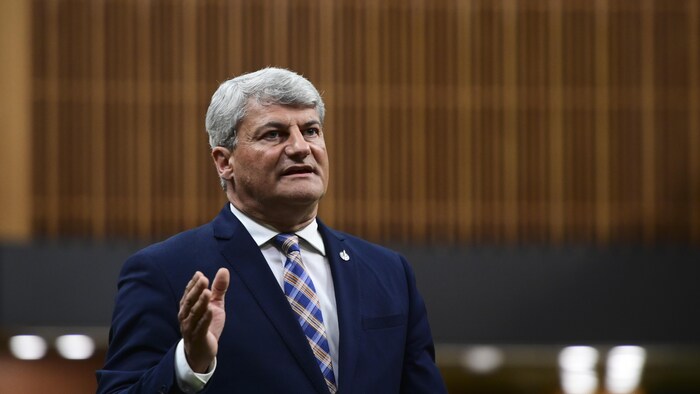 Gérard Deltell se tient debout au Parlement.