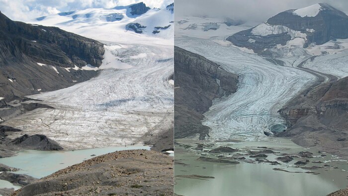 La photo de gauche a été prise en août 2011. Celle de droite date d'août 2021. En dix ans, le glacier a diminué et le lac a grossi.