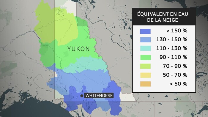 Une carte montrant un taux d'épaisseur du manteau neigeux de différentes régions du Yukon par rapport à la moyenne habituelle. À Whitehorse, il atteint 150 % de la moyenne habituelle.
