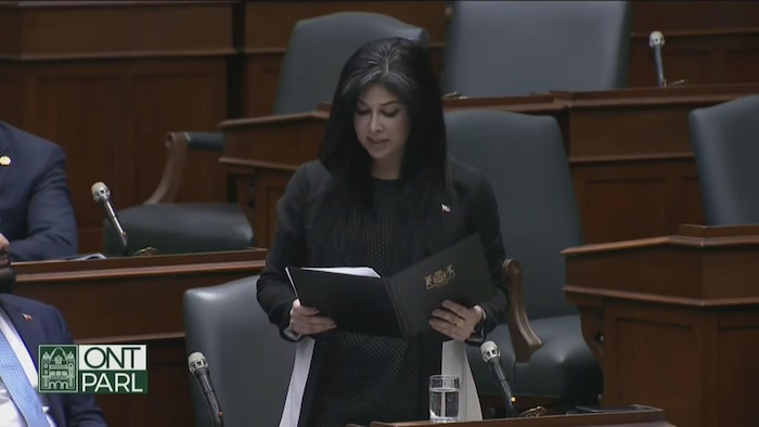 النائبة كلسا قَمَري، المعروفة بغولدي قَمَري، تقرأ مشروع قانون في الجمعية التشريعية لأونتاريو.