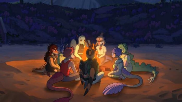 Des personnages de jeu vidéo sont rassemblés autour d'un feu sur une plage.