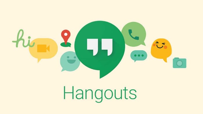 Image promotionnelle de Google Hangouts. On y voit son logo, des bulles de texte et des émoticônes.