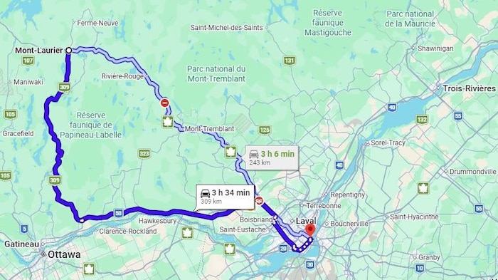 Une carte Google Maps présente un détour de 60 kilomètres entre Mont-Laurier et Montréal.