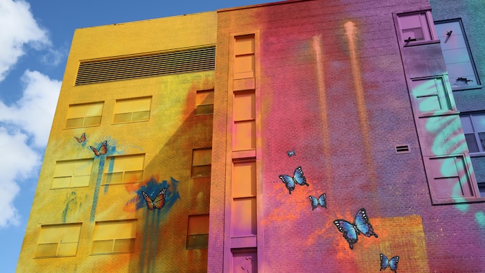 Des papillons sont peints sur un mur de l'édifice.