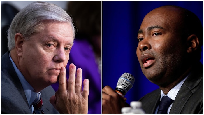 Photo montage de Lindsey Graham, regardant vers la droite, le menton appuyé sur ses deux index, et Jaime Harrison, tenant un micro