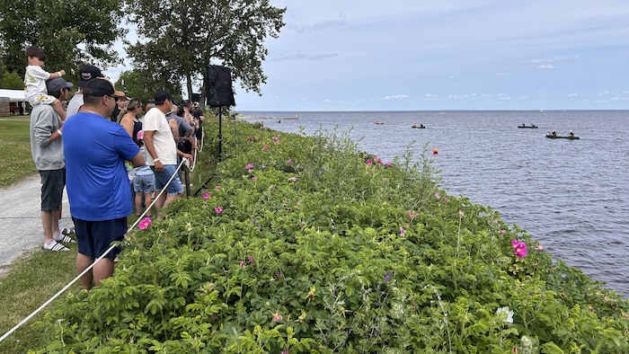 Des gens sur la berge regardent des canoteurs sur un lac.