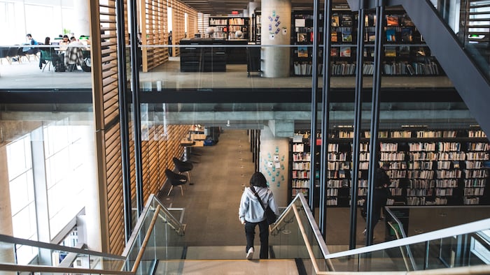 Une personne descend l'escalier central d'une bibliothèque multi-niveaux entourée de hautes étagères et de baies vitrées.