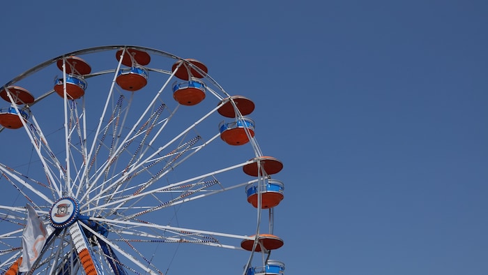 Des nacelles d'une grande roue devant un ciel sans nuages