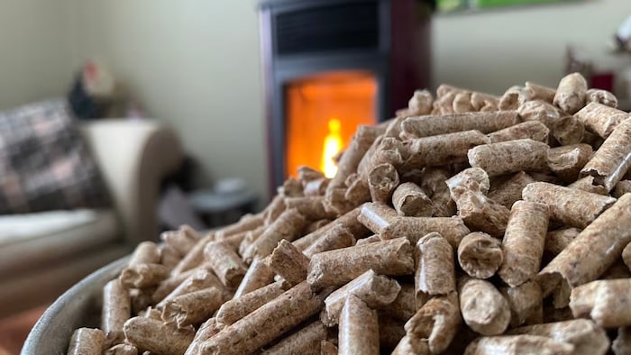 Des granulés de bois devant un poêle à bois dans un salon.