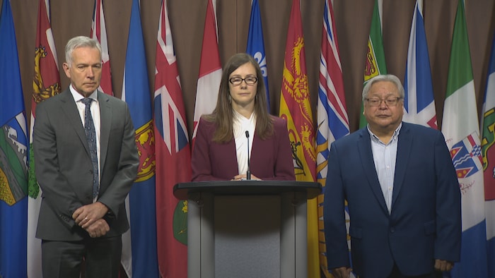 Le maire, la ministre et le Chef Dalton devant les trapeaux des provinces et territoires du Canada.