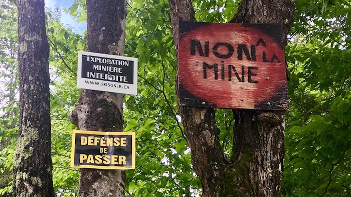 Des panneaux sur lesquels sont écrits des slogans indiquant une opposition aux mines.