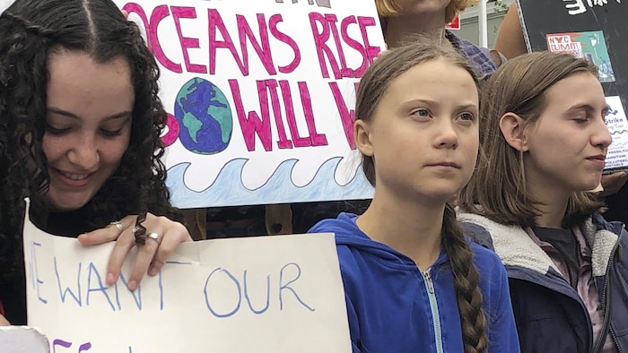 Trois adolescentes manifestent en brandissant des pancartes pour la défense de l'environnement.