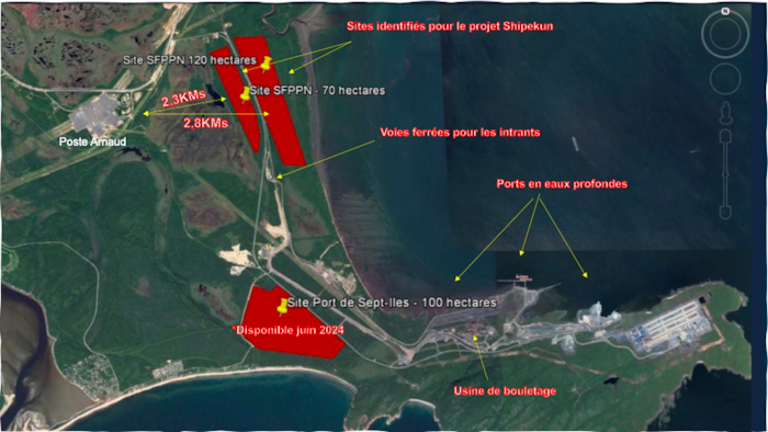 Une carte montre deux terrains de 190 hectares sur le terrain de la Société ferroviaire et portuaire de Pointe-Noire, à Sept-Îles.