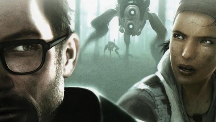 Le détail de la pochette du jeu Half-Life 2 : Episode Two, montrant une partie du visage de Gordon Freeman et celui d'Alyx Vance.