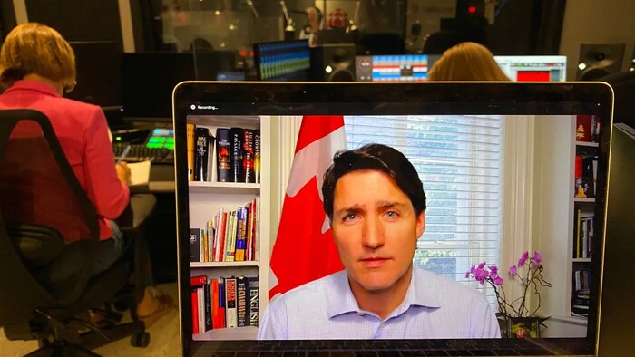 Chris Hall, CBC's national affairs editor and host of The House on CBC Radio, virtually interviews Prime Minister Justin Trudeau from his home at Rideau Cottage in Ottawa on Monday, June 20. (Philip Ling/CBC)