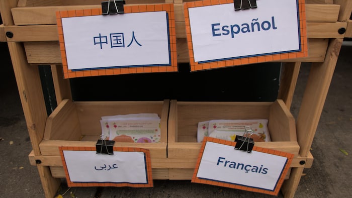 Des feuillets explicatifs sont offerts dans quatre compartiments d'un meuble en bois, avec des affiches en différentes langues, dont le français. 