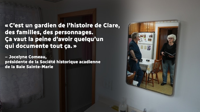 Une citation de Jocelyne Comeau sur une photo d'elle avec Harold Robicheau, vus à travers un miroir.