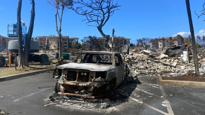 Carros queimados e prédios destruídos