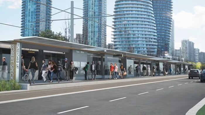 Un dessin d'un d'un arrêt de la future ligne de train léger Hazel McCallion.