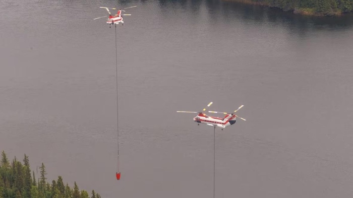 Des capsules sont pendus d'hélicoptères pour ramasser de l’eau d’un lac près d’un endroit boisé, le 12 juin 2025.