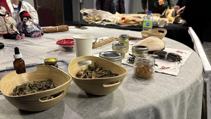 Des herbes médicinales dans des pots sur une table.