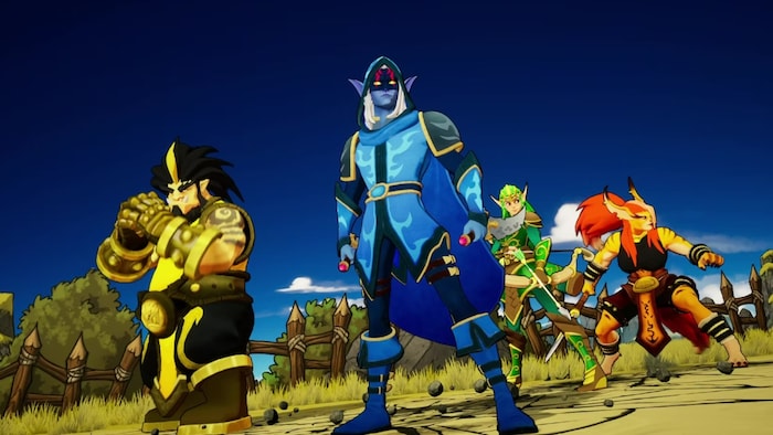 Fighters in a video game stand side by side.