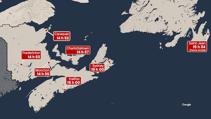 Une carte illustrant les temps auxquels ont peut observer l'éclipse dans les grandes villes des provinces maritimes.