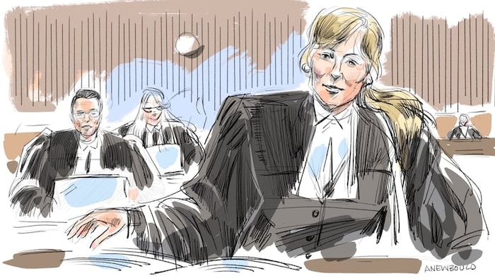 Un croquis de Hilary Dudding dans la salle d'audience.