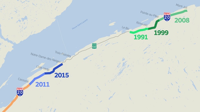 Une carte du Bas-Saint-Laurent décrit qu'il a fallu attendre 2015 pour que l'autoroute relie Cacouna à Notre-Dame-des-Neiges et jusqu'en 2008 pour qu'elle relie Le Bic à Mont-Joli.