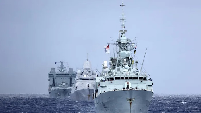 HMCS Winnipeg, along with HNLMS Evertsen and RFA Tidespring, are shown in formation on Sept. 9 during Exercise Pacific Crown. HMCS Winnipeg and the U.S. military warship USS Dewey sailed through the Taiwan Strait, the narrow waterway that separates Taiwan from China, last week.