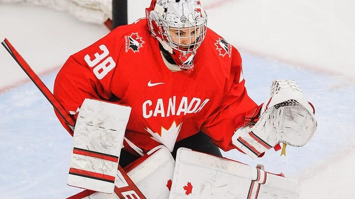 Un gardien de but qui joue au hockey.