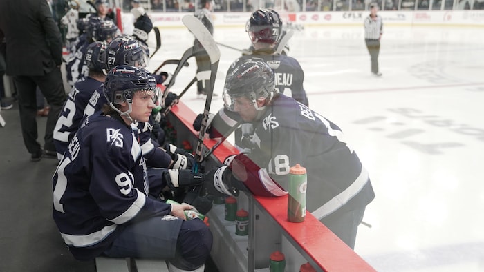 Des joueurs de hockey sur le bord du banc.