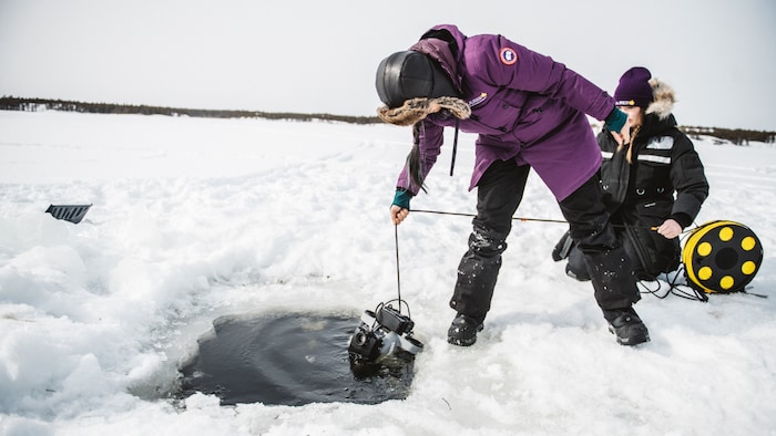Une personne dépose une machine dans un trou creusé dans la glace.