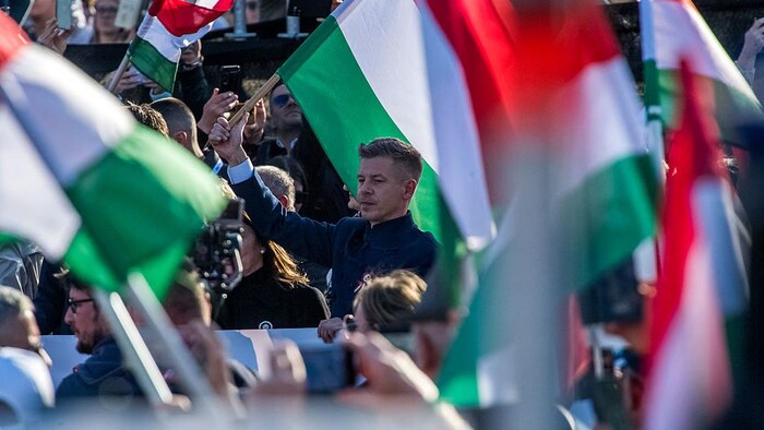 Un homme porte un drapeau hongrois au milieu de la foule.