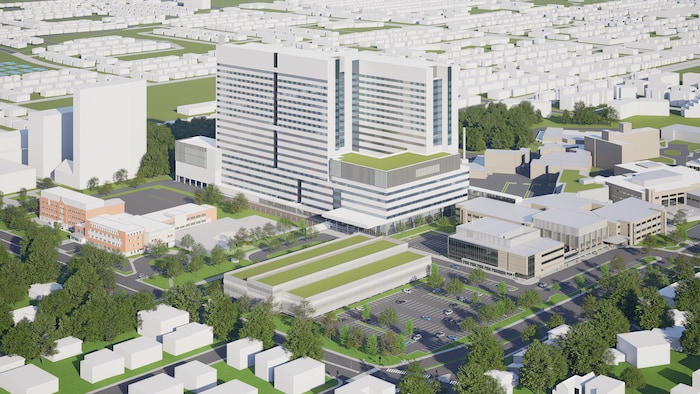 Une maquette en vue aérienne du futur hôpital.