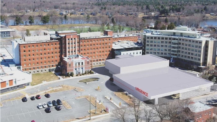 Un plan de l'hôpital de Drummondville avec des unités modulaires.