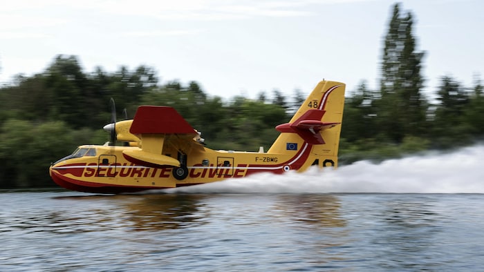 Un Canadair effectue des manœuvres de puisage d'eau en rasant la Seine.