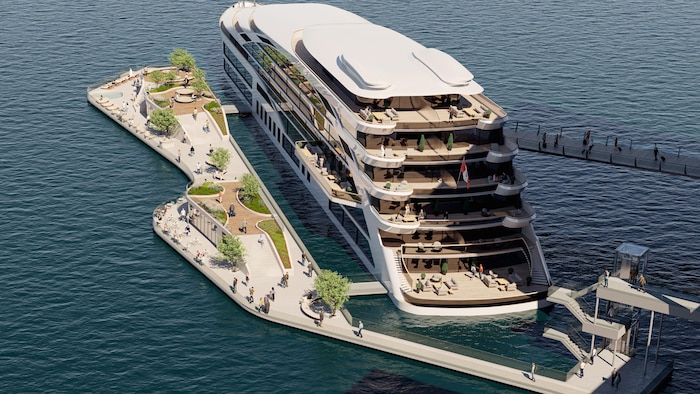 Un visuel donnant un aperçu de ce à quoi pourrait ressembler un hôtel flottant.