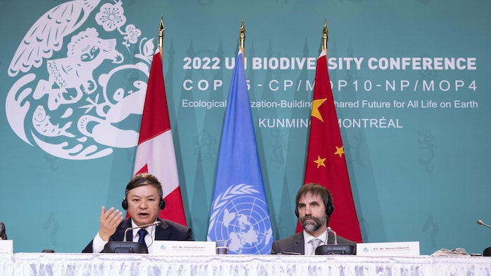 Huang Runquio, ministre de l’Écologie et de l’Environnement de la Chine, et Steven Guilbeault, ministre canadien de l'Environnement et du Changement climatique.